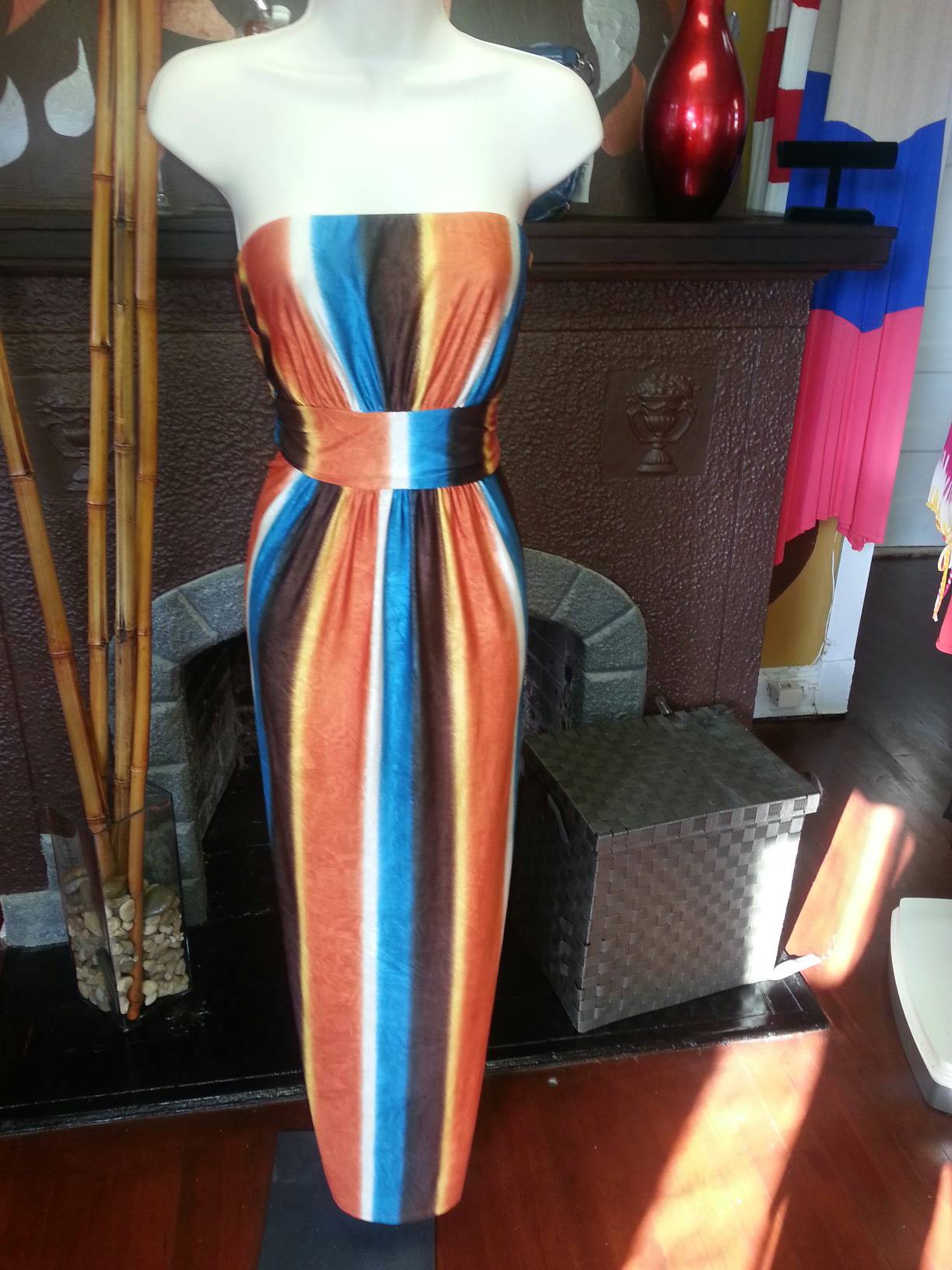 Sunset Stripes Strapless Maxi Dress – Burnt Orange & Turquoise