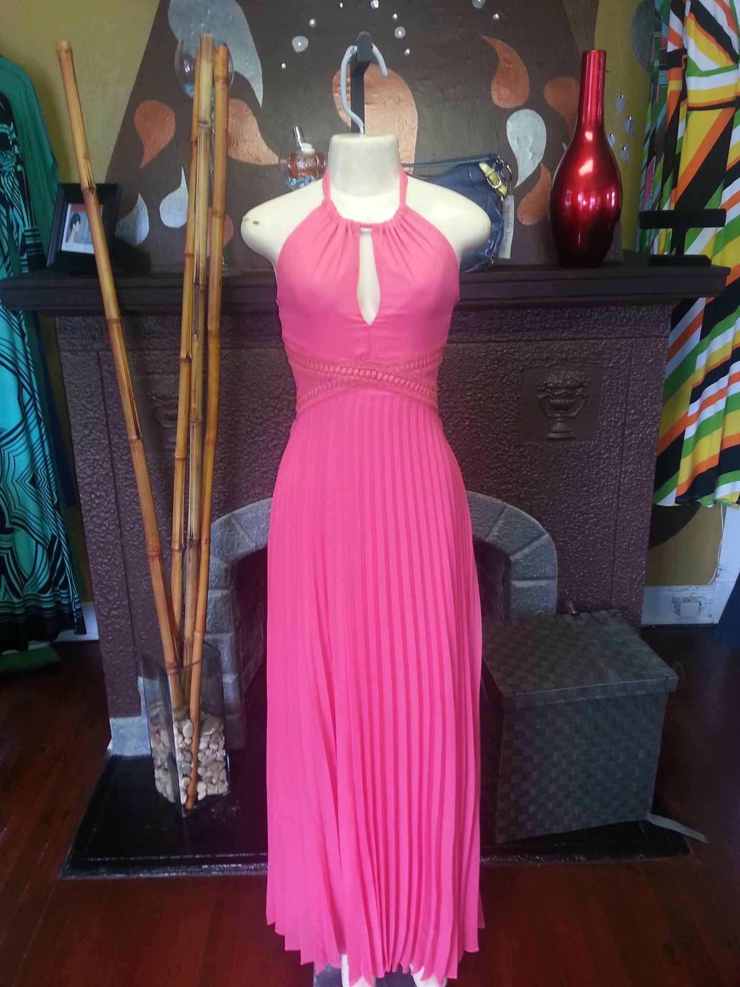 Coral Elegance Pleated Maxi Dress – Halter Style