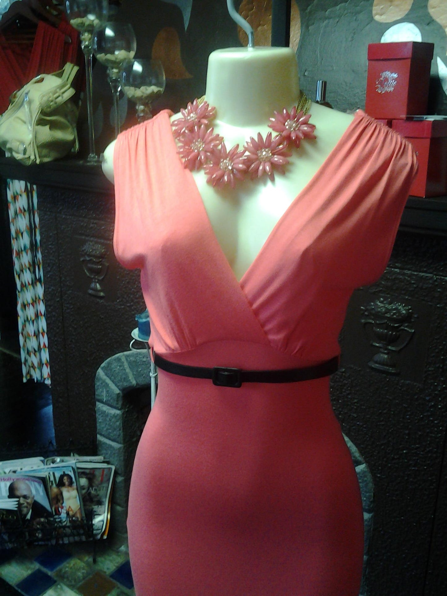 Coral & Black Maxi Dress with Belt