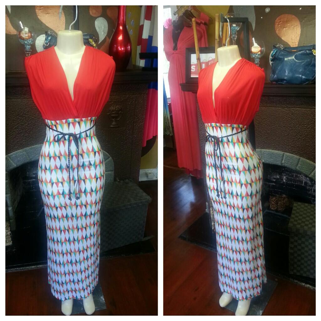 Red V-Neck Maxi Dress with Geometric Print Skirt & Tie Waist