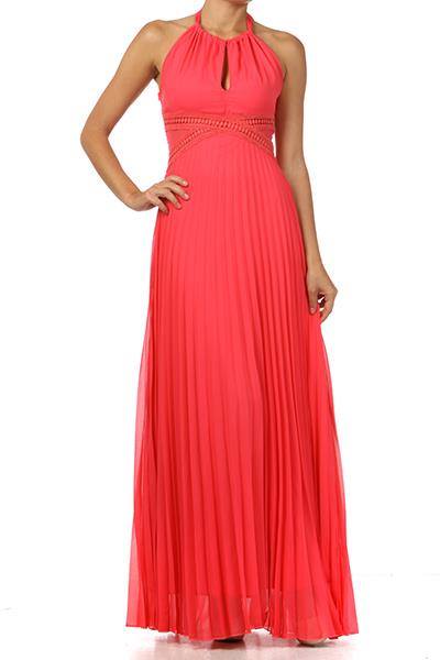 Coral Elegance Pleated Maxi Dress – Halter Style