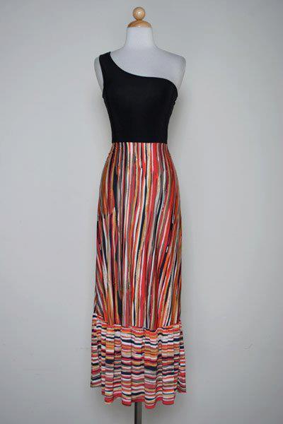 Chic Contrast One-Shoulder Maxi Dress – Black & Multi-Stripe