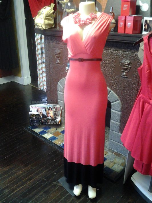 Coral & Black Maxi Dress with Belt