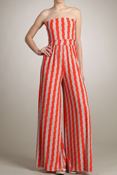Coral & Taupe Strapless Wide-Leg Jumpsuit