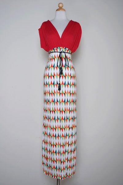Red V-Neck Maxi Dress with Geometric Print Skirt & Tie Waist