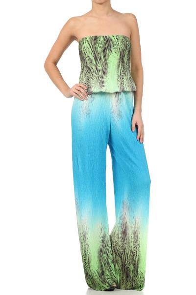 Tropical Breeze Strapless Jumpsuit – Green & Blue Ombre